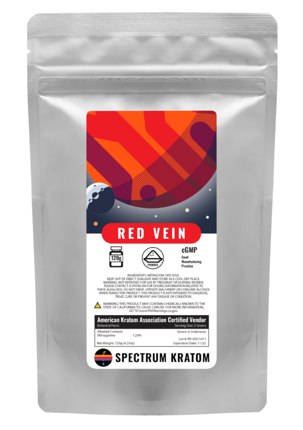 A bag of kratom with the words " red vein ".