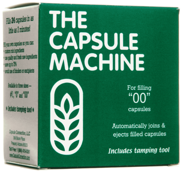 A box of capsules that are labeled " the capsule machine ".