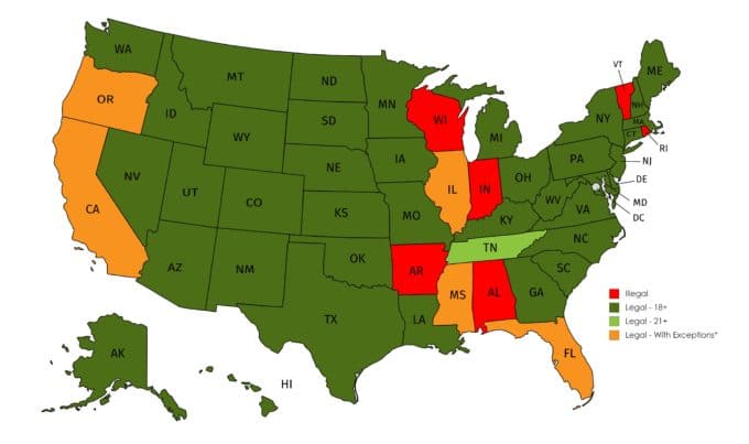 A map of the USA showing kratom legality in different states