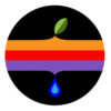 A black circle with a rainbow and a leaf in the middle