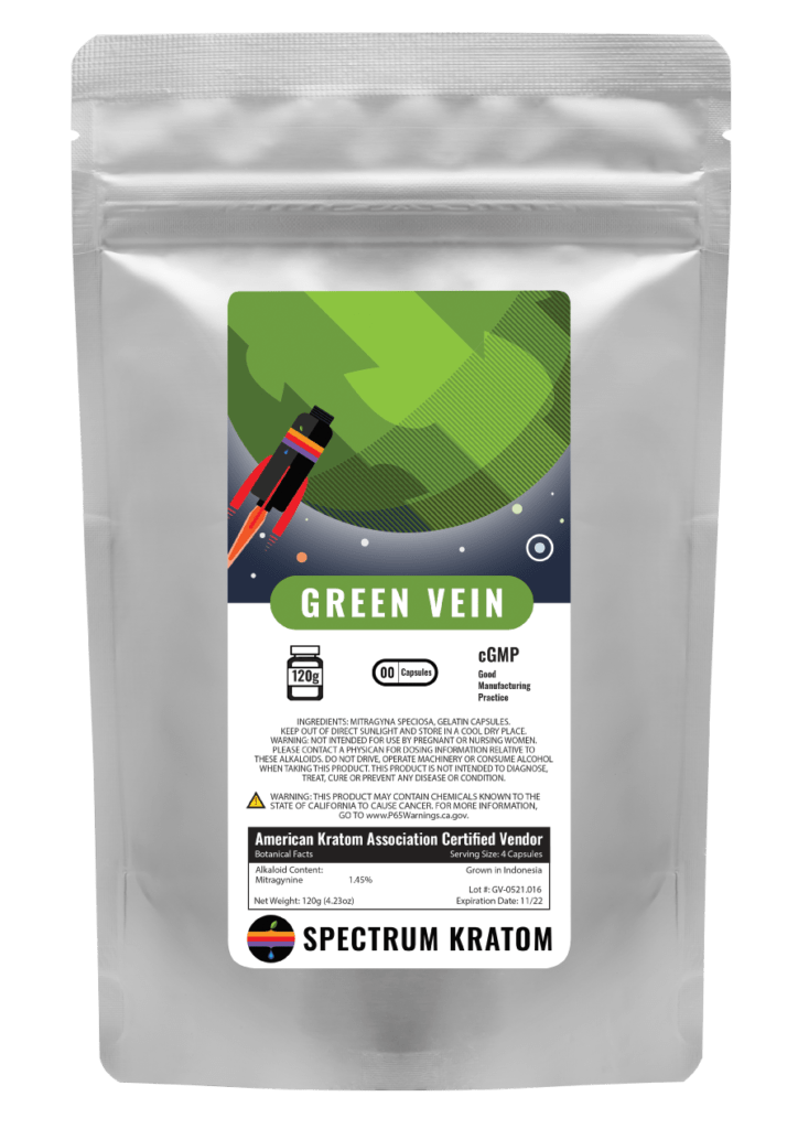 A bag of kratom with the words " green vein ".