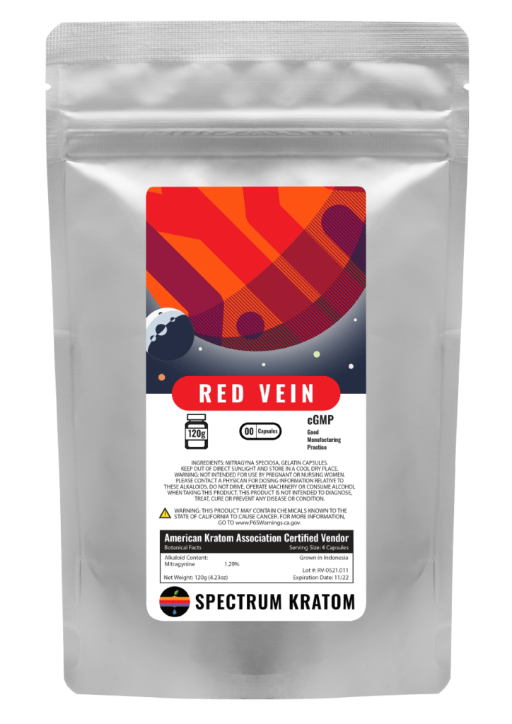 A bag of kratom with the words " red vein ".