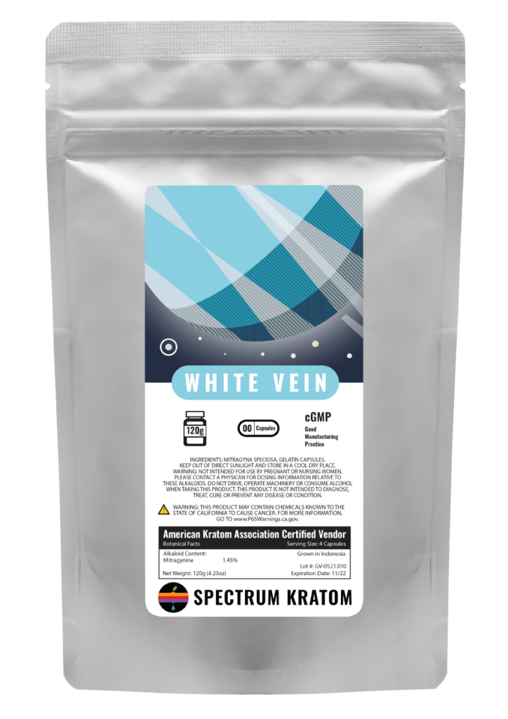 A bag of kratom with the label white vein.